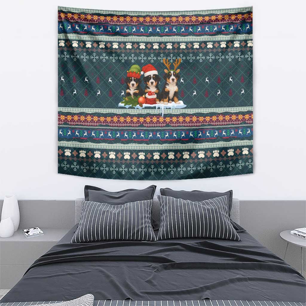 Bernese Mountain Dogs in Holiday Costumes Tapestry with Green Snowflake Pattern Design - Wonder Print Shop