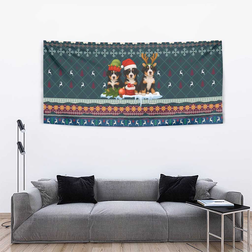 Bernese Mountain Dogs in Holiday Costumes Tapestry with Green Snowflake Pattern Design - Wonder Print Shop