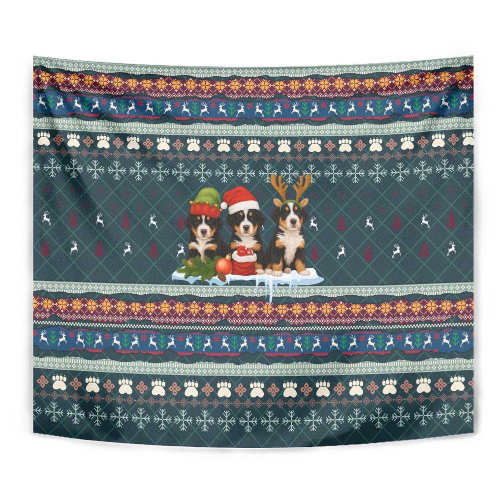 Bernese Mountain Dogs in Holiday Costumes Tapestry with Green Snowflake Pattern Design - Wonder Print Shop