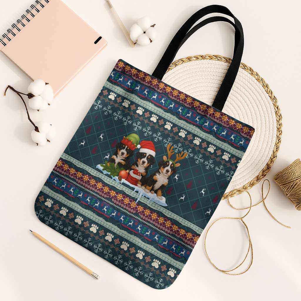 Bernese Mountain Dogs in Holiday Costumes Tote Bag with Green Snowflake Pattern Design - Wonder Print Shop