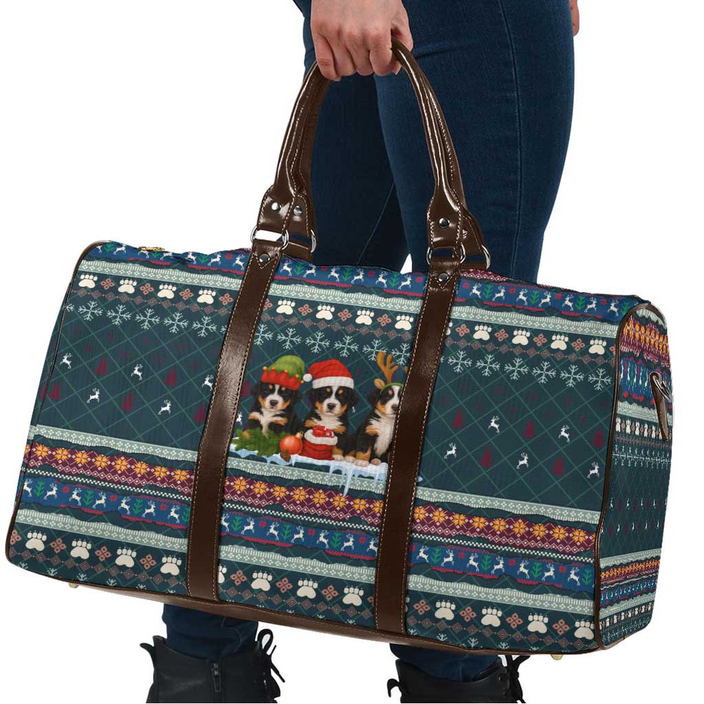 Bernese Mountain Dogs in Holiday Costumes Travel Bag with Green Snowflake Pattern Design - Wonder Print Shop