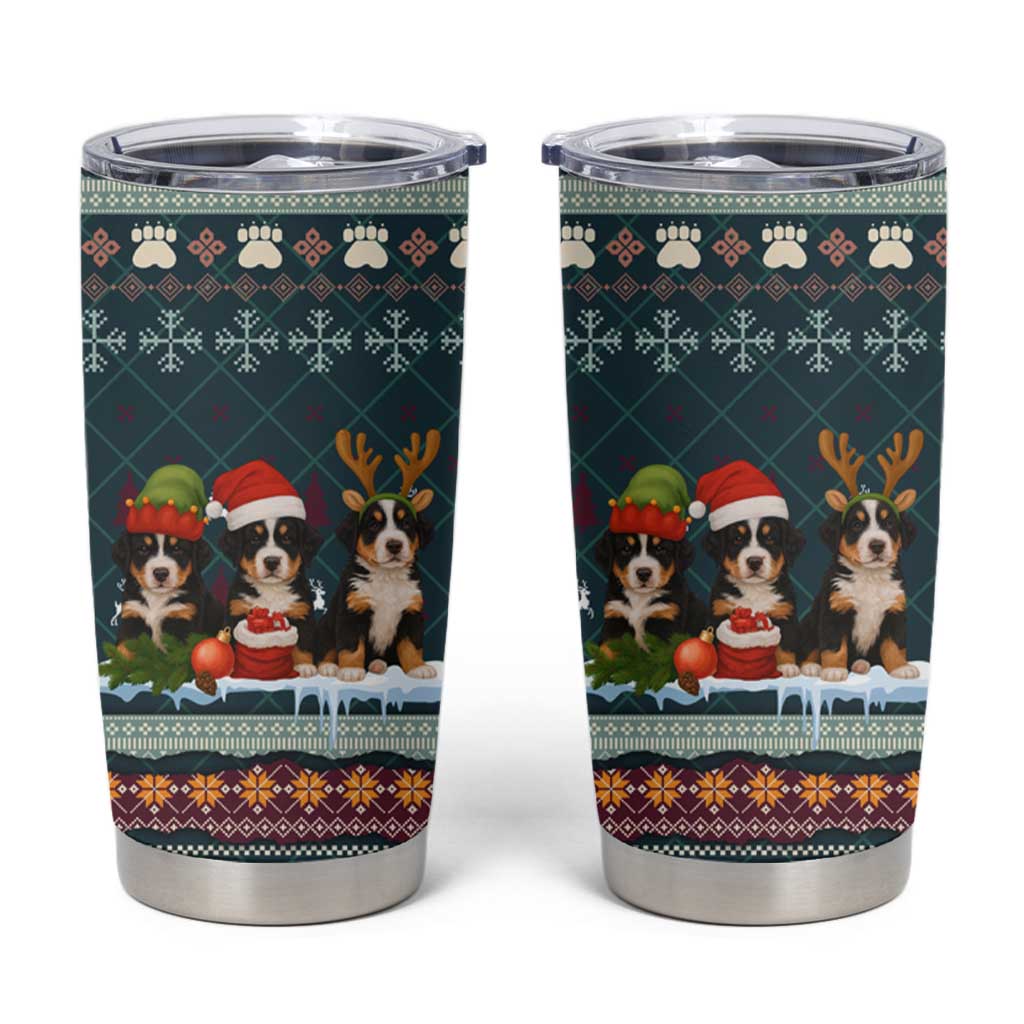 Bernese Mountain Dogs in Holiday Costumes Tumbler Cup with Green Snowflake Pattern Design - Wonder Print Shop