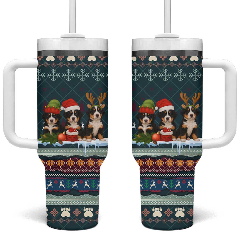 Bernese Mountain Dogs in Holiday Costumes Tumbler With Handle with Green Snowflake Pattern Design - Wonder Print Shop