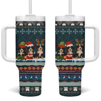 Bernese Mountain Dogs in Holiday Costumes Tumbler With Handle with Green Snowflake Pattern Design - Wonder Print Shop