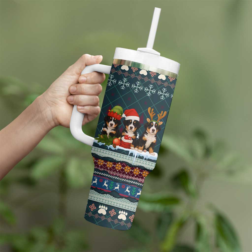 Bernese Mountain Dogs in Holiday Costumes Tumbler With Handle with Green Snowflake Pattern Design - Wonder Print Shop