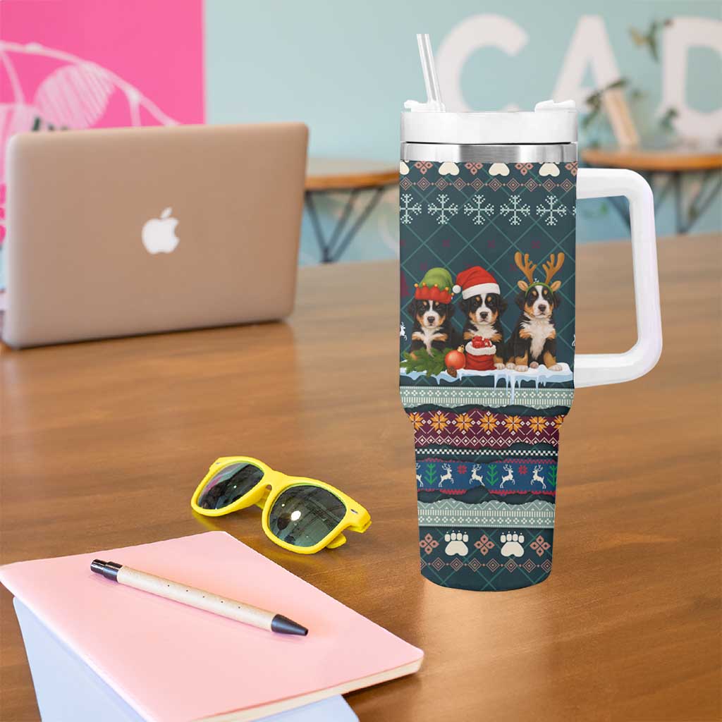 Bernese Mountain Dogs in Holiday Costumes Tumbler With Handle with Green Snowflake Pattern Design - Wonder Print Shop