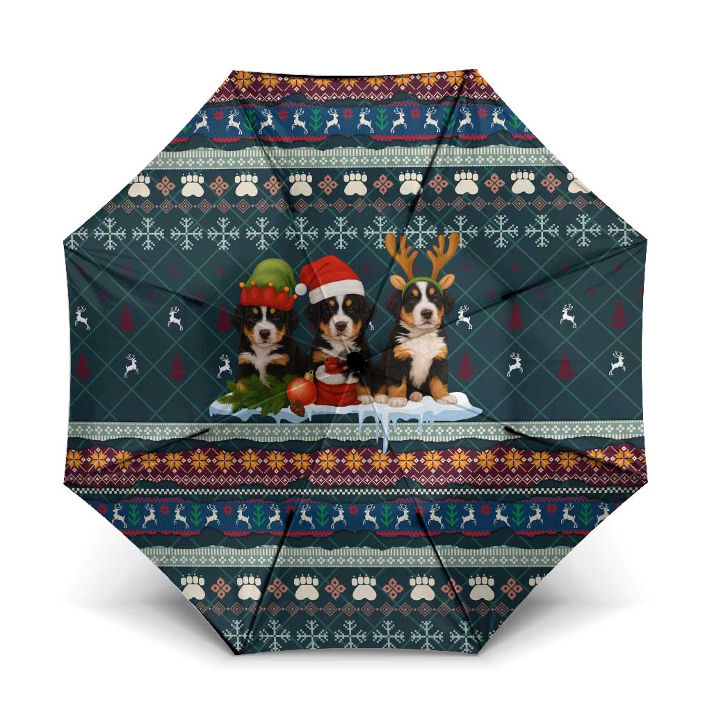 Bernese Mountain Dogs in Holiday Costumes Umbrella with Green Snowflake Pattern Design - Wonder Print Shop