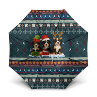 Bernese Mountain Dogs in Holiday Costumes Umbrella with Green Snowflake Pattern Design - Wonder Print Shop