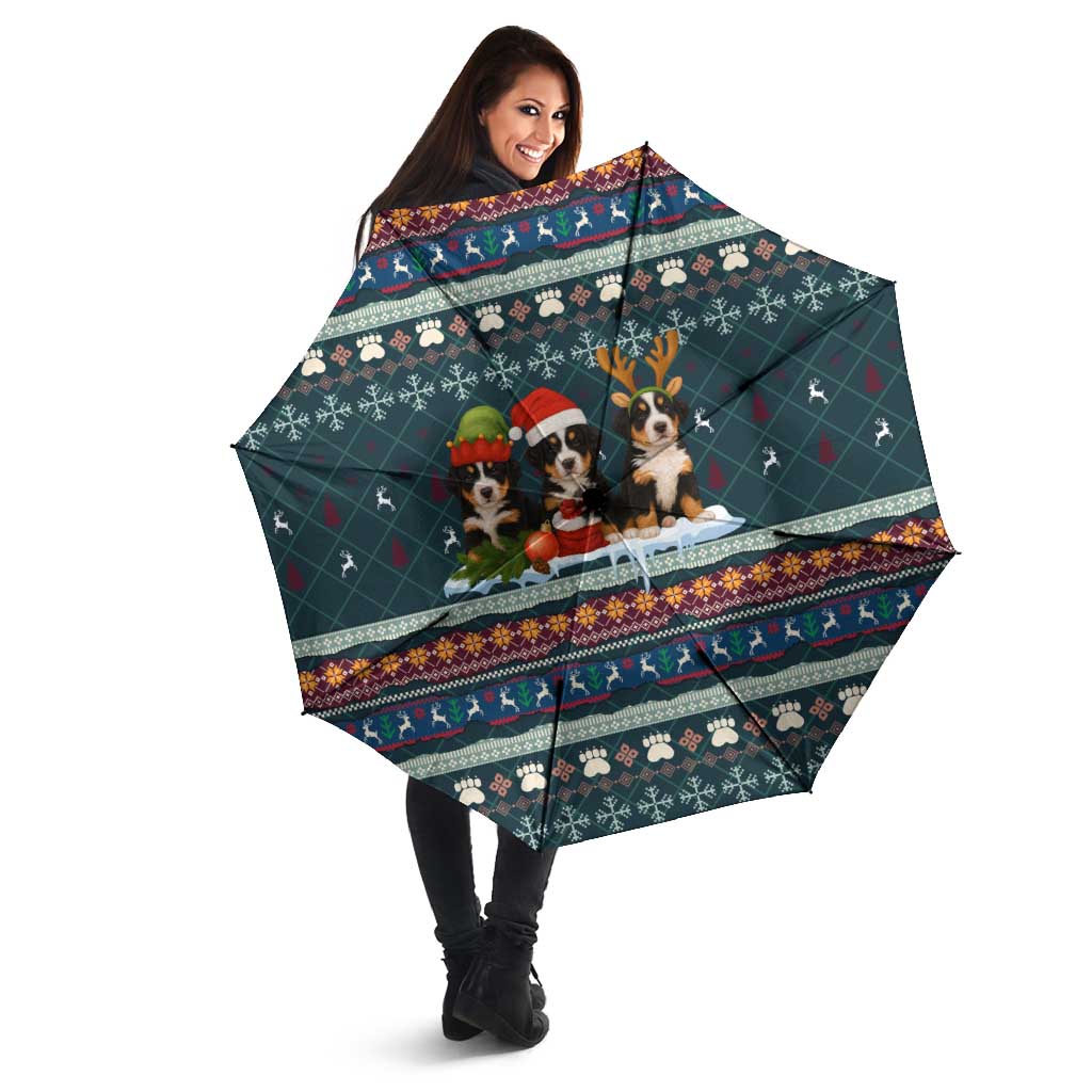 Bernese Mountain Dogs in Holiday Costumes Umbrella with Green Snowflake Pattern Design - Wonder Print Shop