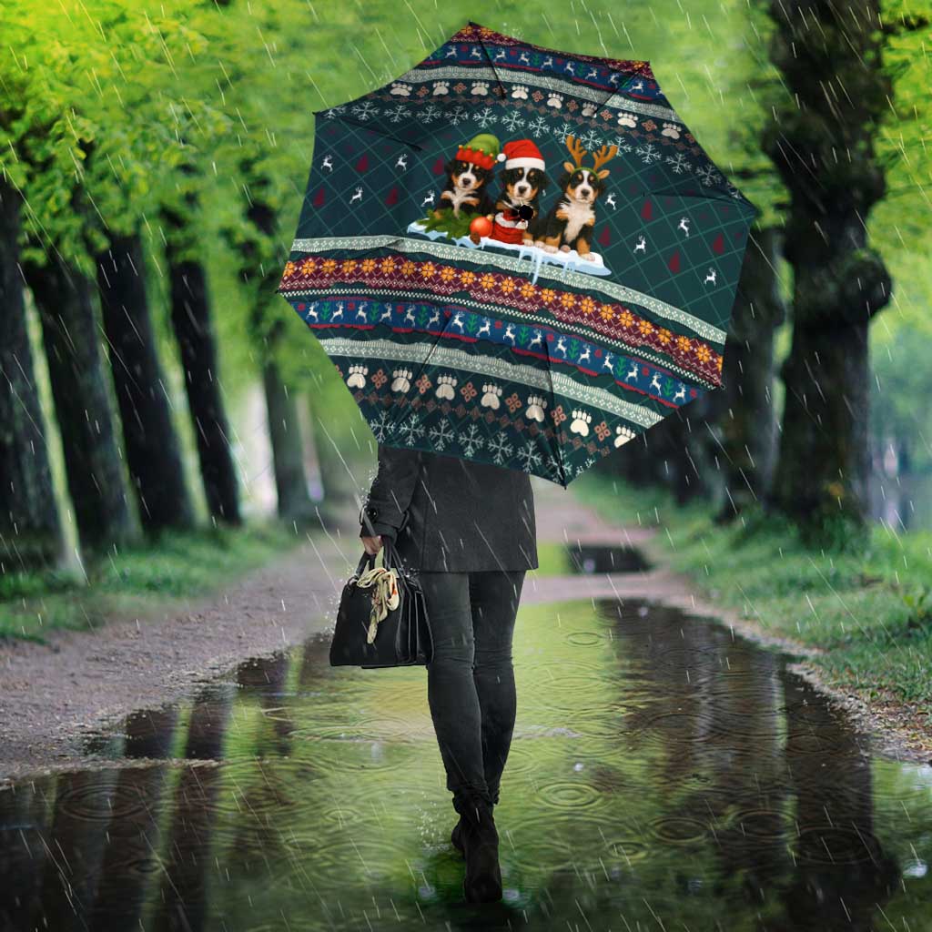 Bernese Mountain Dogs in Holiday Costumes Umbrella with Green Snowflake Pattern Design - Wonder Print Shop