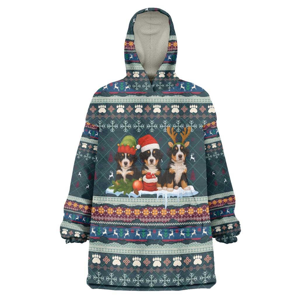 Bernese Mountain Dogs in Holiday Costumes Wearable Blanket Hoodie with Green Snowflake Pattern Design - Wonder Print Shop