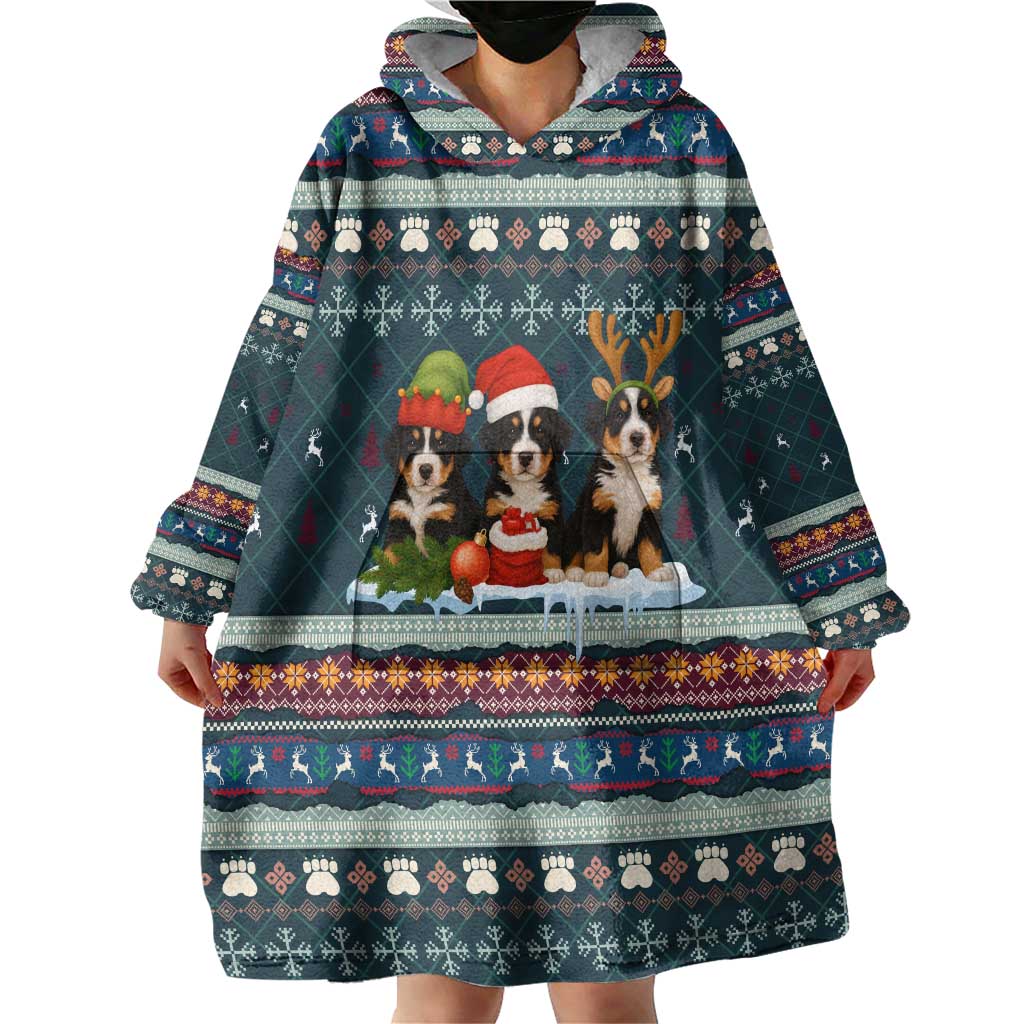 Bernese Mountain Dogs in Holiday Costumes Wearable Blanket Hoodie with Green Snowflake Pattern Design - Wonder Print Shop