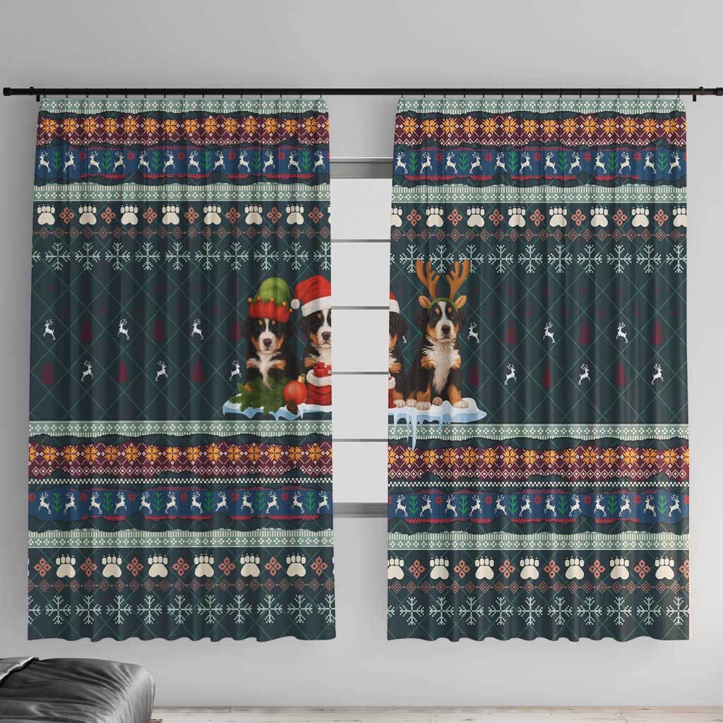 Bernese Mountain Dogs in Holiday Costumes Window Curtain with Green Snowflake Pattern Design - Wonder Print Shop