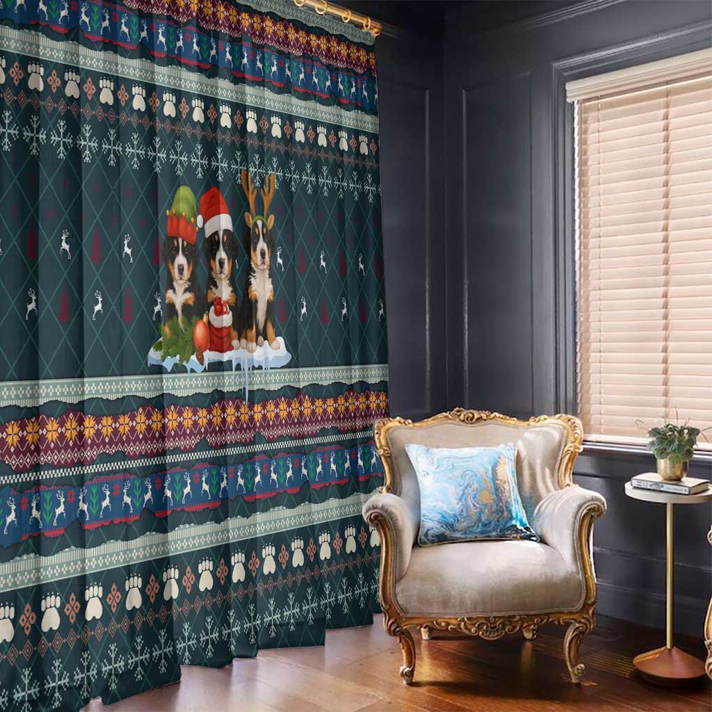 Bernese Mountain Dogs in Holiday Costumes Window Curtain with Green Snowflake Pattern Design - Wonder Print Shop