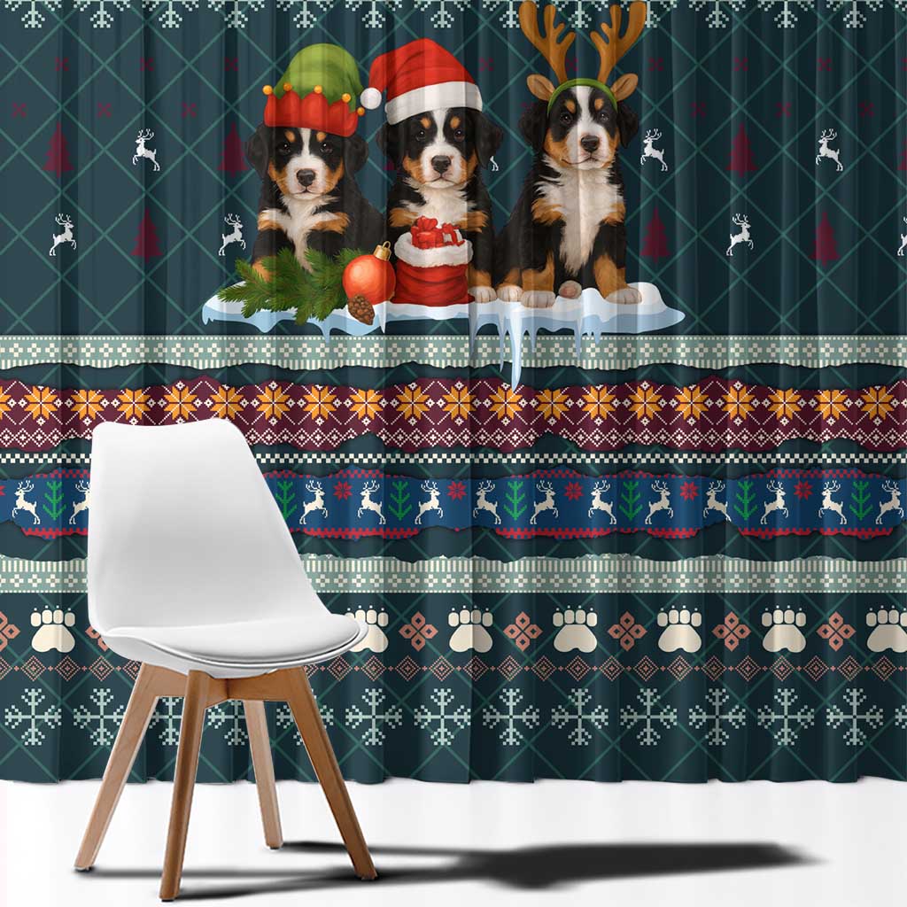 Bernese Mountain Dogs in Holiday Costumes Window Curtain with Green Snowflake Pattern Design - Wonder Print Shop