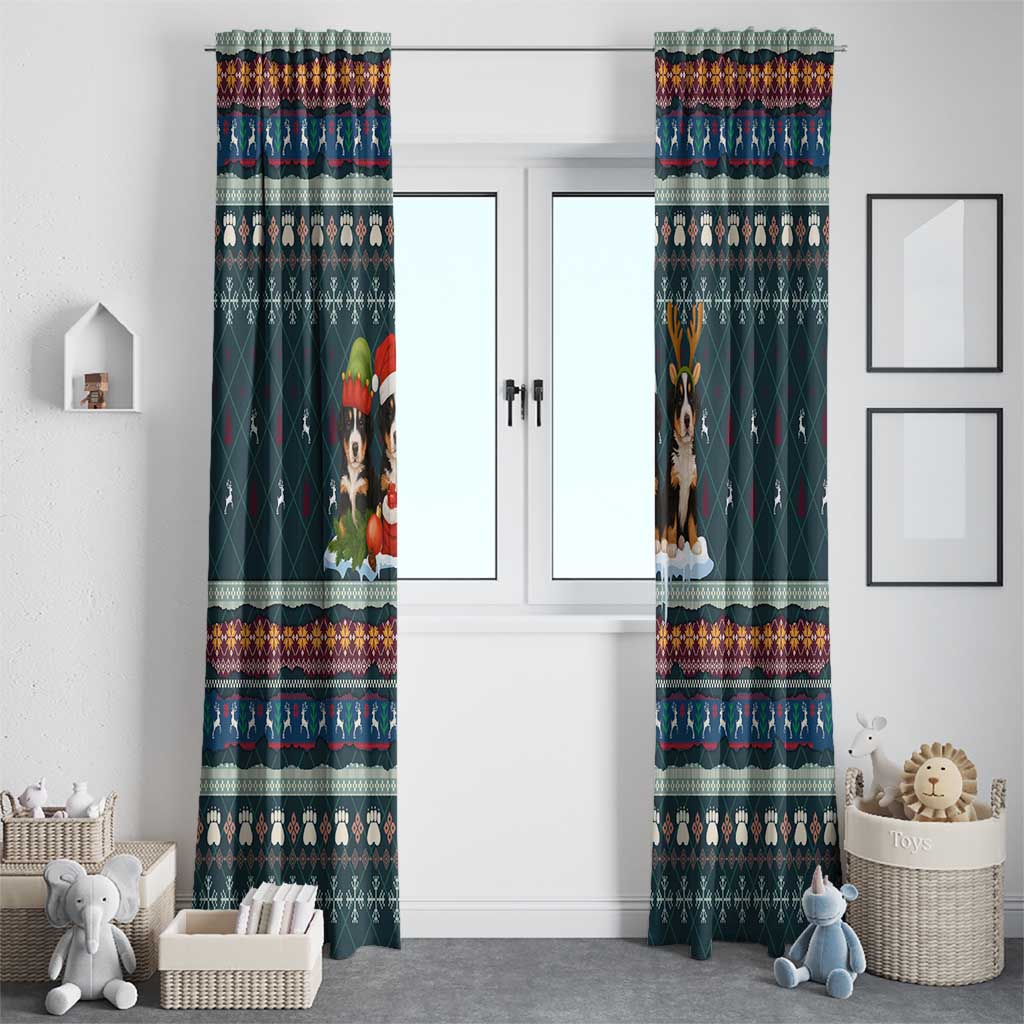 Bernese Mountain Dogs in Holiday Costumes Window Curtain with Green Snowflake Pattern Design - Wonder Print Shop
