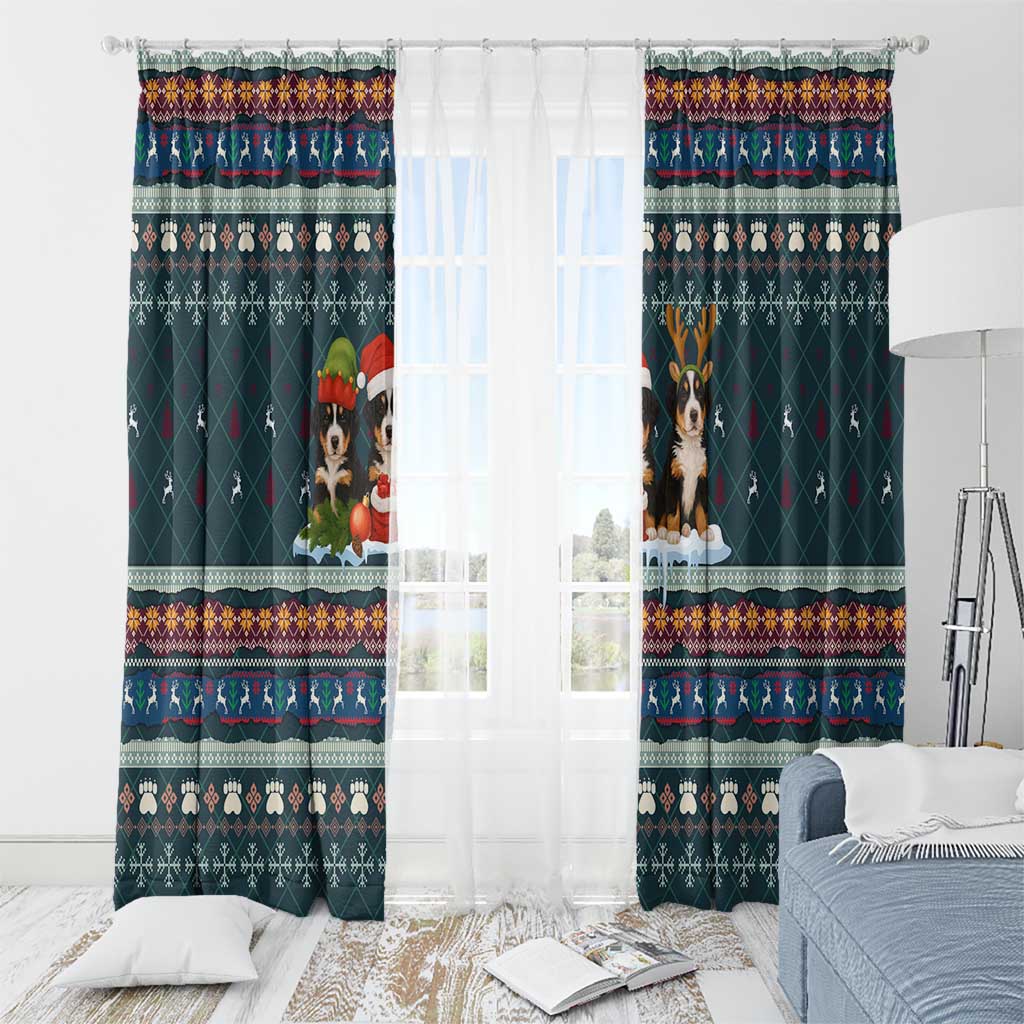 Bernese Mountain Dogs in Holiday Costumes Window Curtain with Green Snowflake Pattern Design - Wonder Print Shop