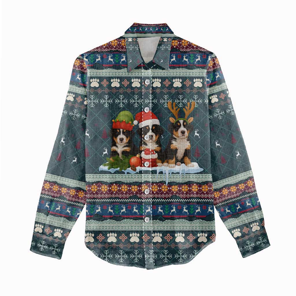 Bernese Mountain Dogs in Holiday Costumes Women Casual Shirt with Green Snowflake Pattern Design - Wonder Print Shop