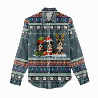 Bernese Mountain Dogs in Holiday Costumes Women Casual Shirt with Green Snowflake Pattern Design - Wonder Print Shop
