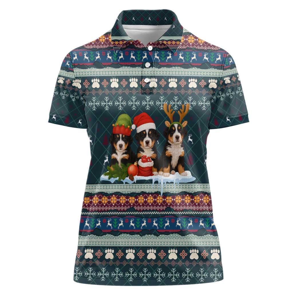 Bernese Mountain Dogs in Holiday Costumes Women Polo Shirt with Green Snowflake Pattern Design - Wonder Print Shop