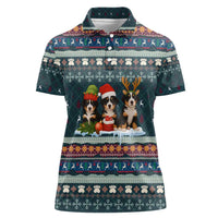 Bernese Mountain Dogs in Holiday Costumes Women Polo Shirt with Green Snowflake Pattern Design - Wonder Print Shop