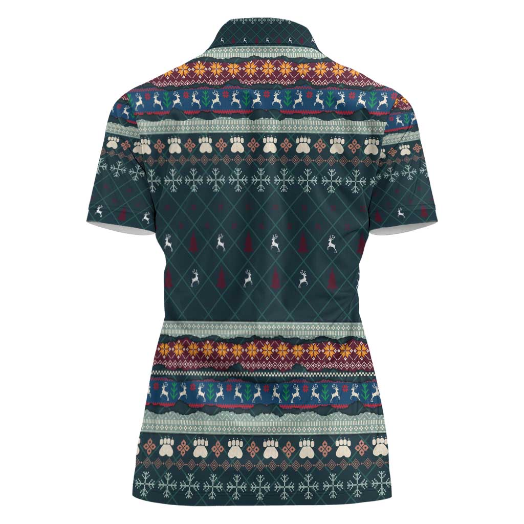 Bernese Mountain Dogs in Holiday Costumes Women Polo Shirt with Green Snowflake Pattern Design - Wonder Print Shop