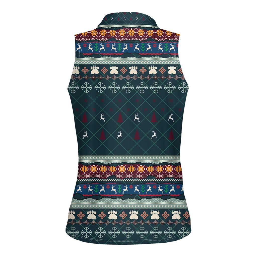 Bernese Mountain Dogs in Holiday Costumes Women Sleeveless Polo Shirt with Green Snowflake Pattern Design - Wonder Print Shop