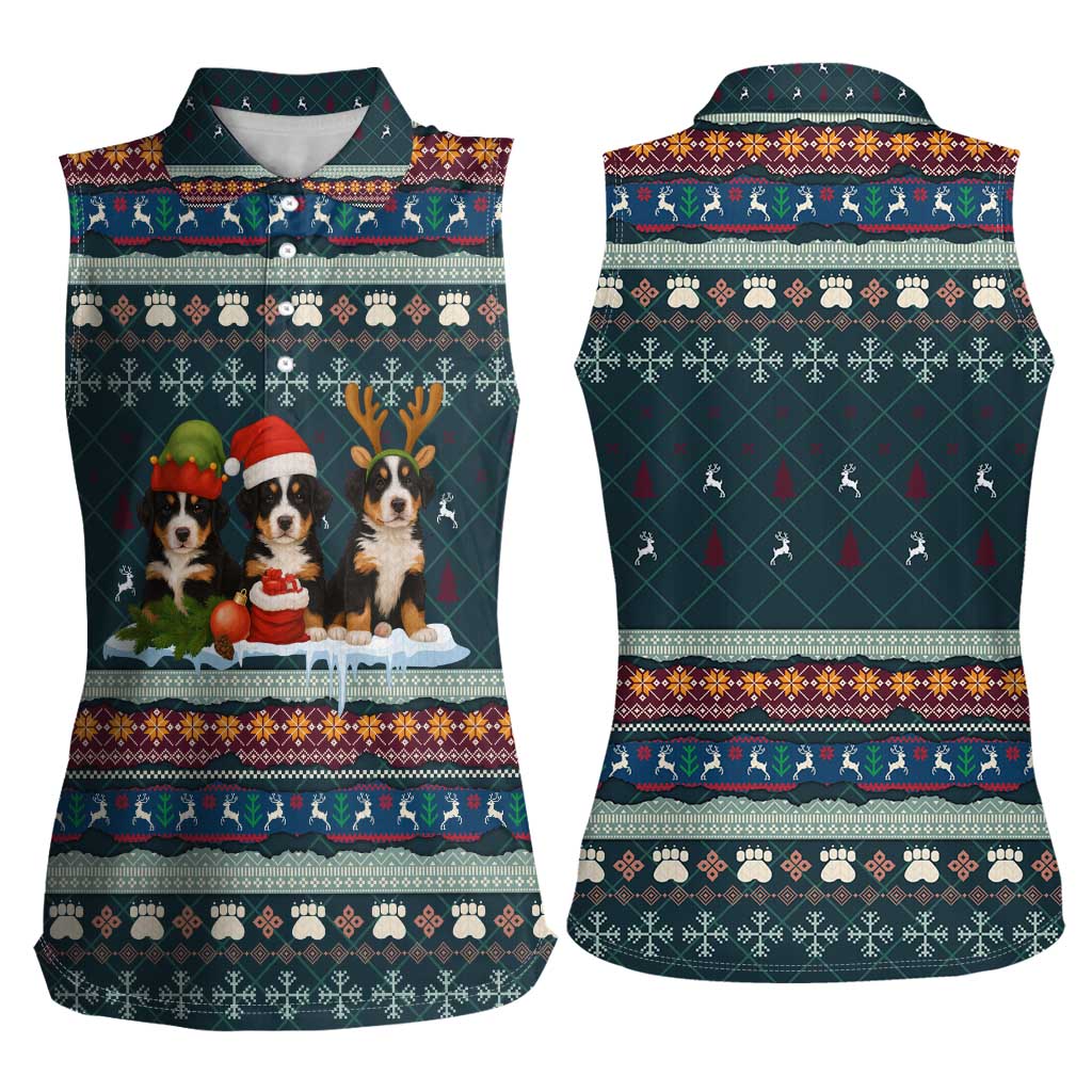 Bernese Mountain Dogs in Holiday Costumes Women Sleeveless Polo Shirt with Green Snowflake Pattern Design - Wonder Print Shop