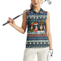 Bernese Mountain Dogs in Holiday Costumes Women Sleeveless Polo Shirt with Green Snowflake Pattern Design - Wonder Print Shop