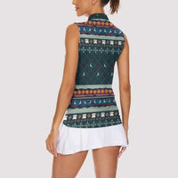 Bernese Mountain Dogs in Holiday Costumes Women Sleeveless Polo Shirt with Green Snowflake Pattern Design - Wonder Print Shop
