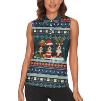 Bernese Mountain Dogs in Holiday Costumes Women Sleeveless Polo Shirt with Green Snowflake Pattern Design - Wonder Print Shop
