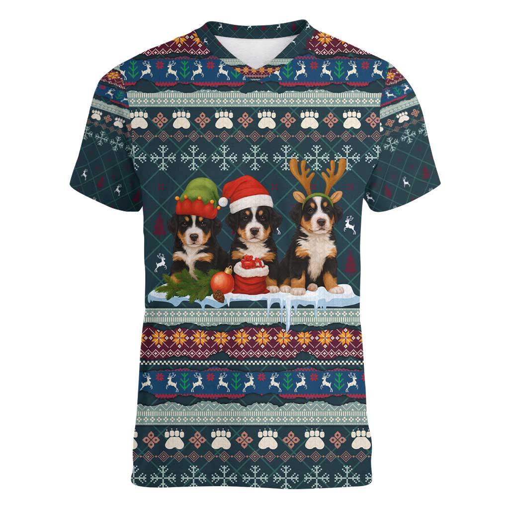 Bernese Mountain Dogs in Holiday Costumes Women V-Neck T-Shirt with Green Snowflake Pattern Design - Wonder Print Shop