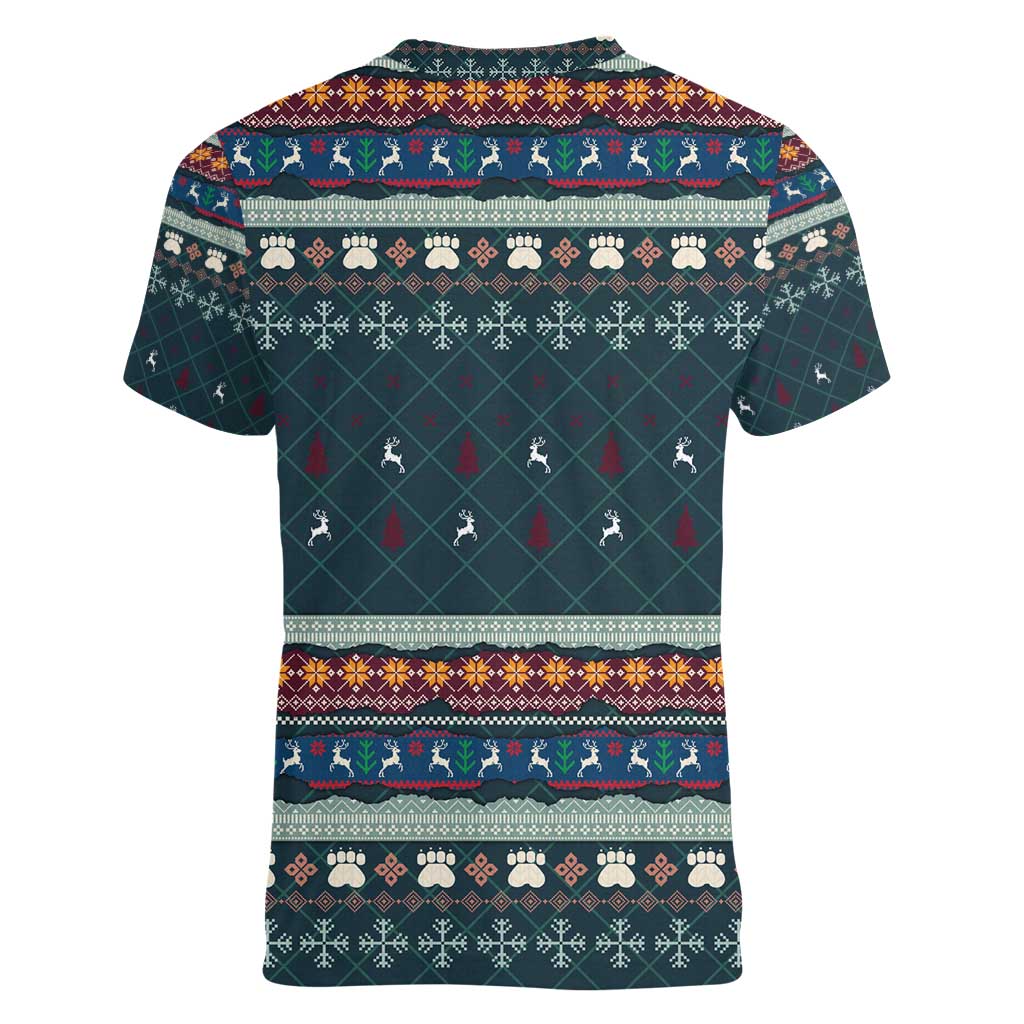 Bernese Mountain Dogs in Holiday Costumes Women V-Neck T-Shirt with Green Snowflake Pattern Design - Wonder Print Shop