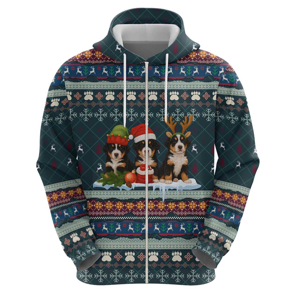 Bernese Mountain Dogs in Holiday Costumes Zip Hoodie with Green Snowflake Pattern Design - Wonder Print Shop