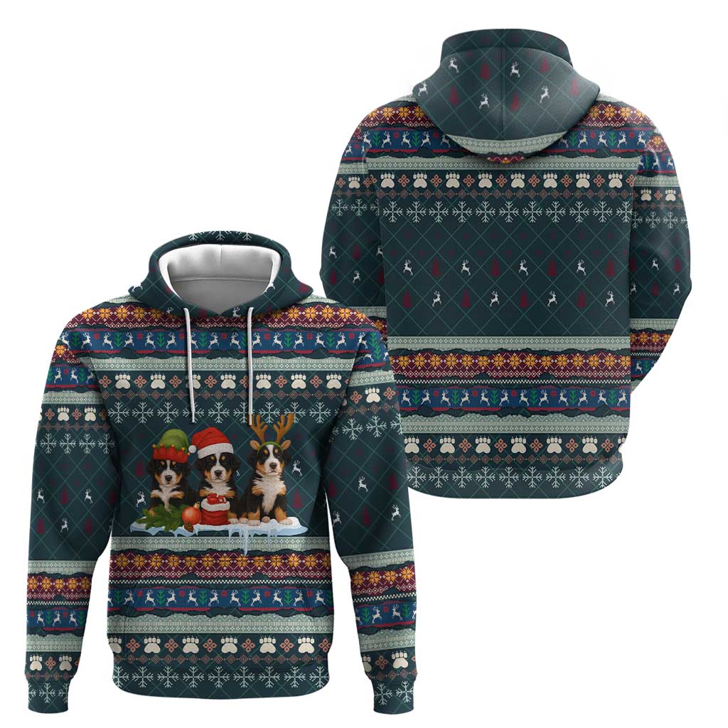 Bernese Mountain Dogs in Holiday Costumes Zip Hoodie with Green Snowflake Pattern Design - Wonder Print Shop
