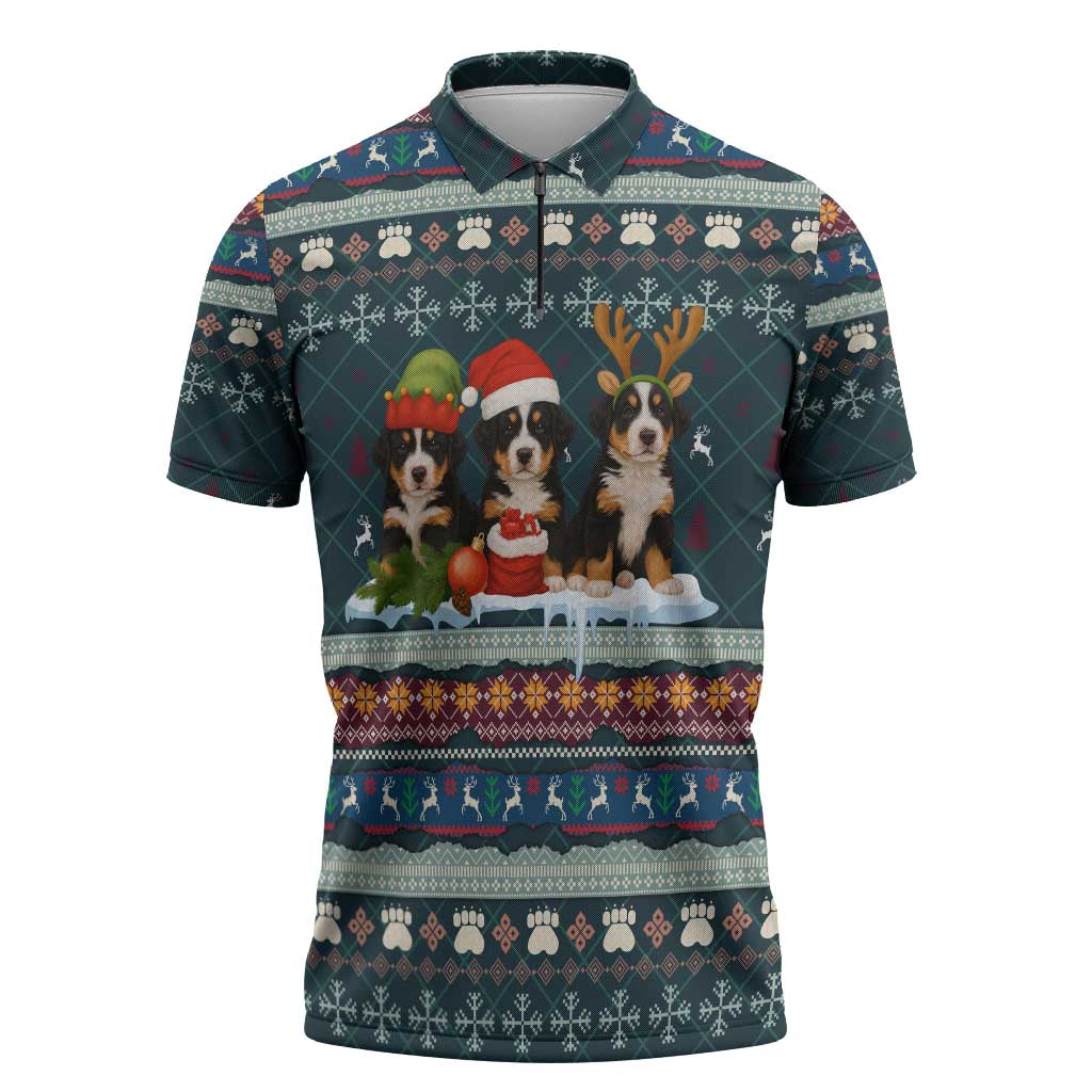Bernese Mountain Dogs in Holiday Costumes Zipper Polo Shirt with Green Snowflake Pattern Design - Wonder Print Shop