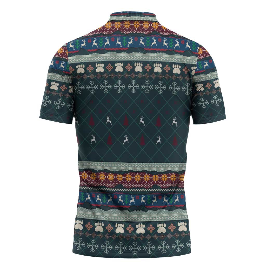 Bernese Mountain Dogs in Holiday Costumes Zipper Polo Shirt with Green Snowflake Pattern Design - Wonder Print Shop