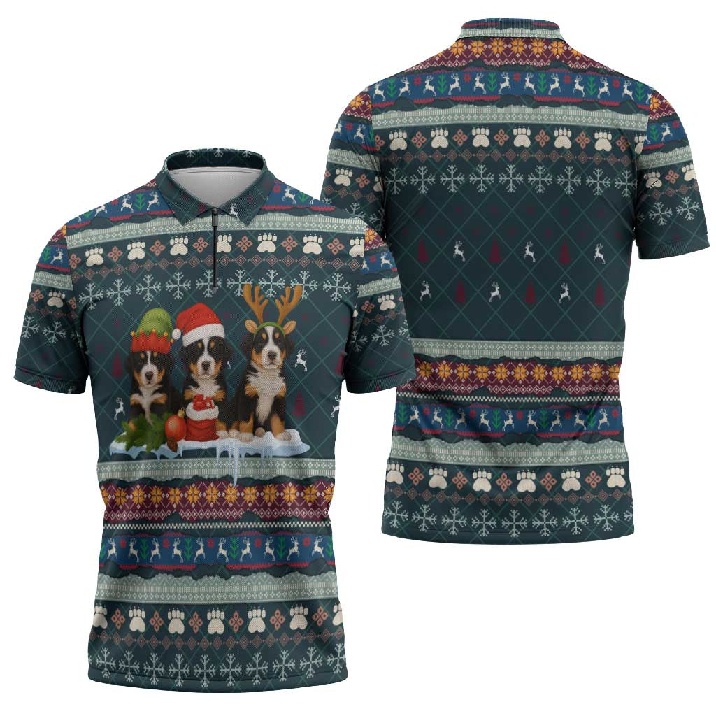 Bernese Mountain Dogs in Holiday Costumes Zipper Polo Shirt with Green Snowflake Pattern Design - Wonder Print Shop