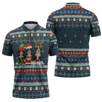 Bernese Mountain Dogs in Holiday Costumes Zipper Polo Shirt with Green Snowflake Pattern Design - Wonder Print Shop