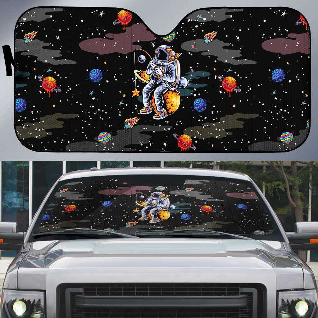 Funny Astronaut Fishing In Space Christmas Auto Sun Shade Xmas Holiday Patterns - Wonder Print Shop