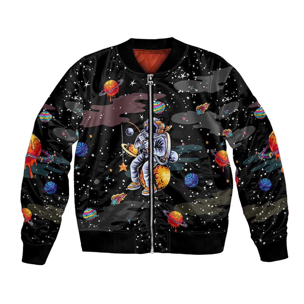 Funny Astronaut Fishing In Space Christmas Bomber Jacket Xmas Holiday Patterns - Wonder Print Shop