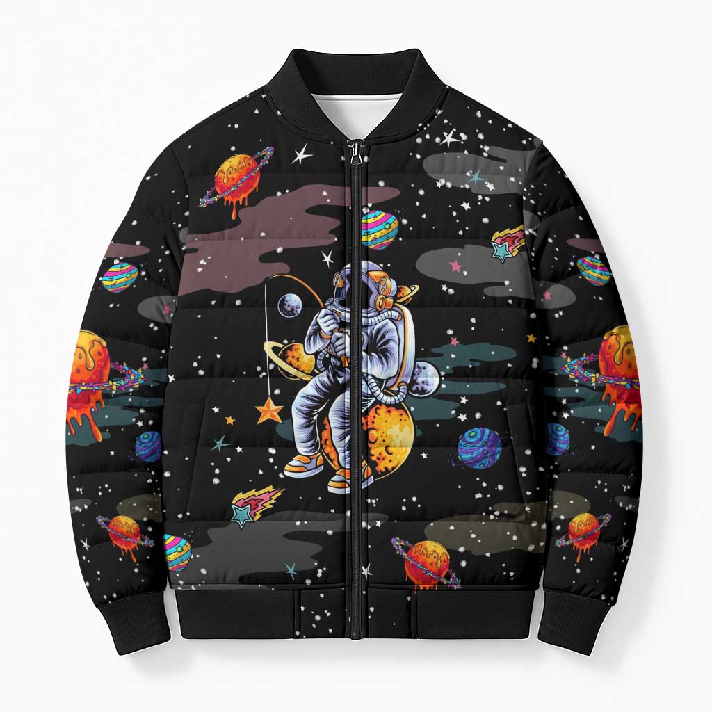 Funny Astronaut Fishing In Space Christmas Bomber Puffer Jacket Xmas Holiday Patterns - Wonder Print Shop