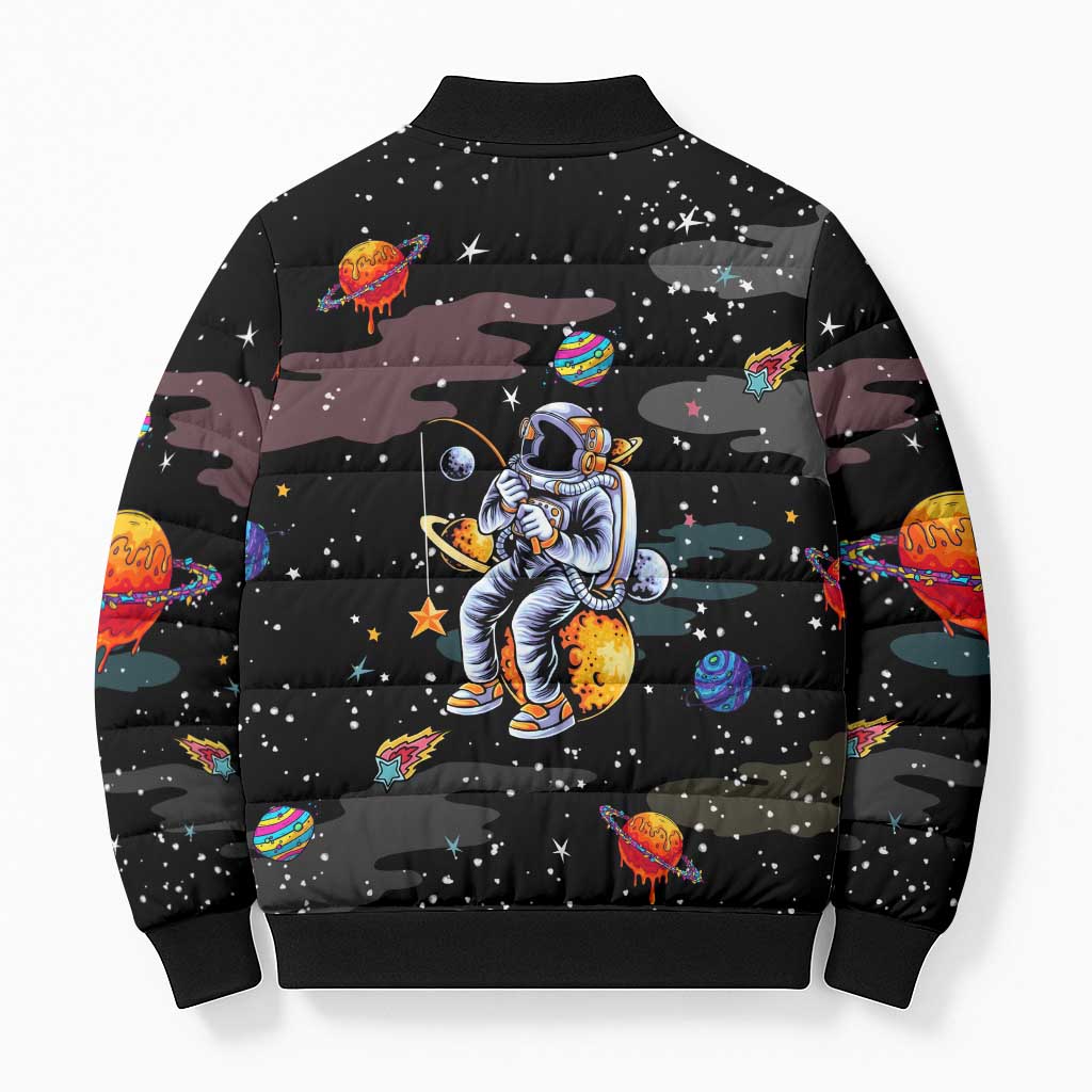 Funny Astronaut Fishing In Space Christmas Bomber Puffer Jacket Xmas Holiday Patterns - Wonder Print Shop