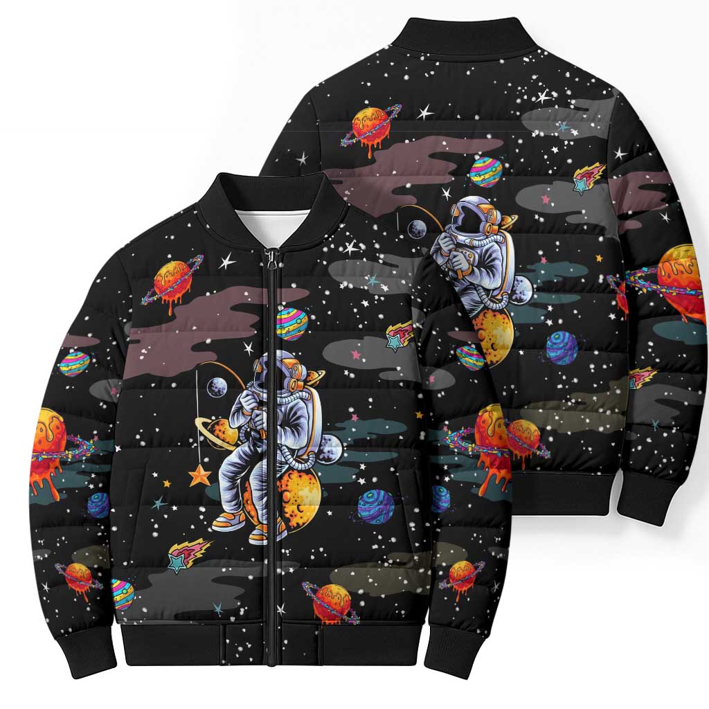 Funny Astronaut Fishing In Space Christmas Bomber Puffer Jacket Xmas Holiday Patterns - Wonder Print Shop