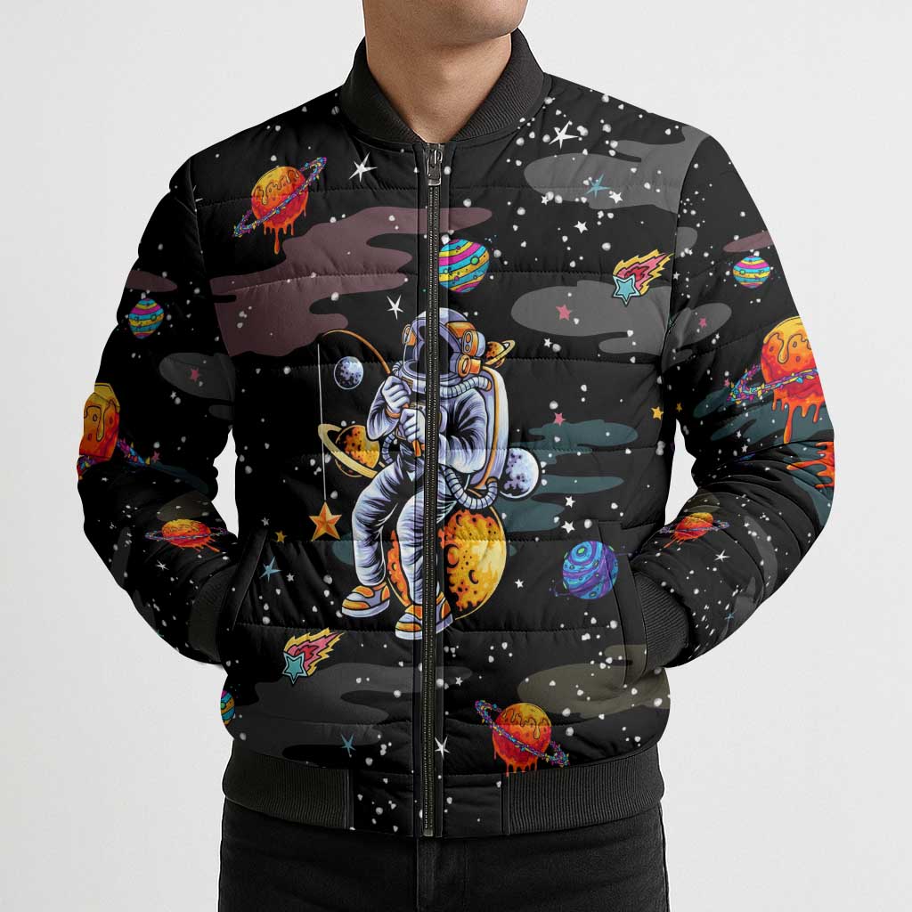 Funny Astronaut Fishing In Space Christmas Bomber Puffer Jacket Xmas Holiday Patterns - Wonder Print Shop