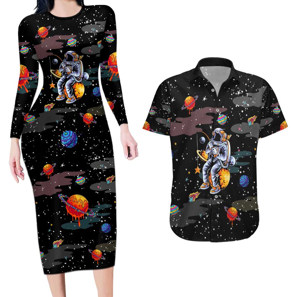 Funny Astronaut Fishing In Space Christmas Couples Matching Long Sleeve Bodycon Dress and Hawaiian Shirt Xmas Holiday Patterns - Wonder Print Shop