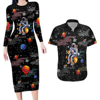 Funny Astronaut Fishing In Space Christmas Couples Matching Long Sleeve Bodycon Dress and Hawaiian Shirt Xmas Holiday Patterns - Wonder Print Shop