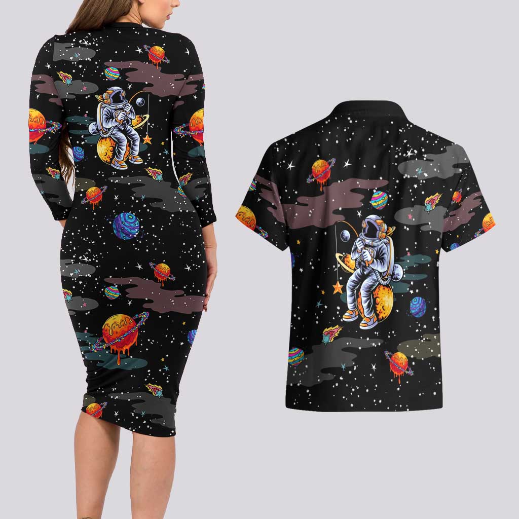 Funny Astronaut Fishing In Space Christmas Couples Matching Long Sleeve Bodycon Dress and Hawaiian Shirt Xmas Holiday Patterns - Wonder Print Shop