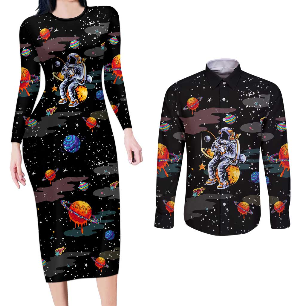 Funny Astronaut Fishing In Space Christmas Couples Matching Long Sleeve Bodycon Dress and Long Sleeve Button Shirt Xmas Holiday Patterns - Wonder Print Shop