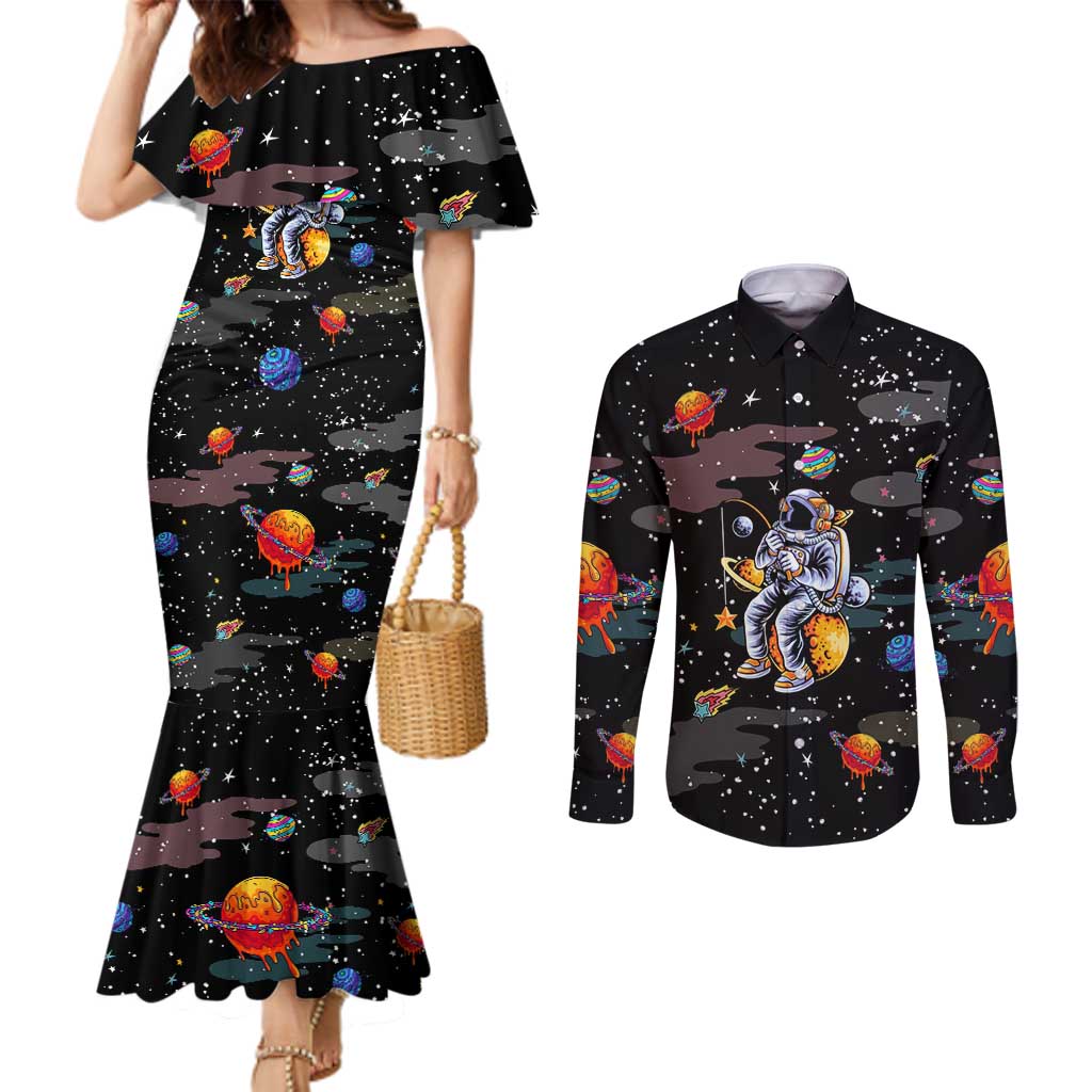 Funny Astronaut Fishing In Space Christmas Couples Matching Mermaid Dress and Long Sleeve Button Shirt Xmas Holiday Patterns - Wonder Print Shop
